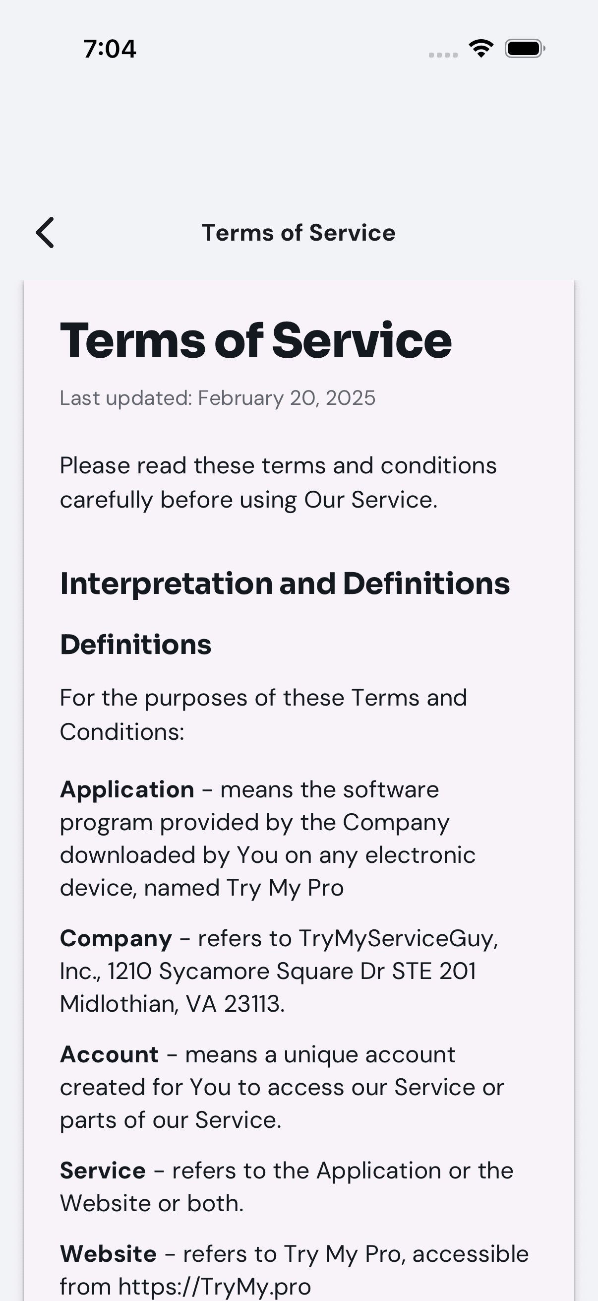 Terms of Service, with the Back arrow at the top