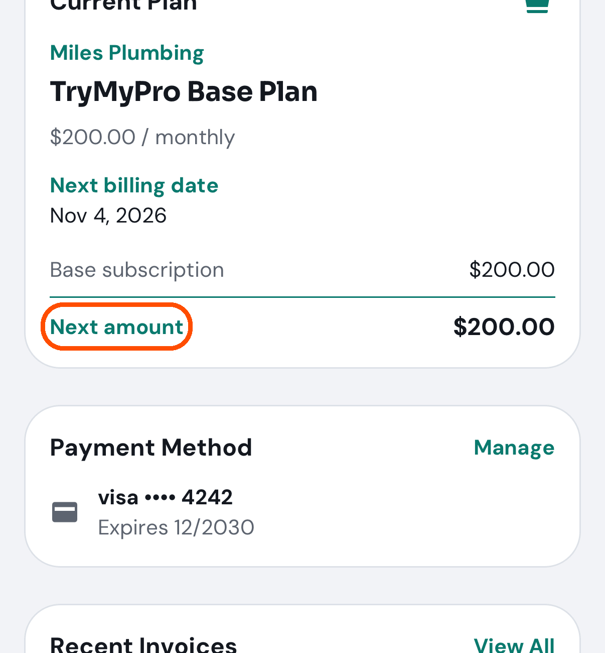 Billing Overview: the plan and the next amount