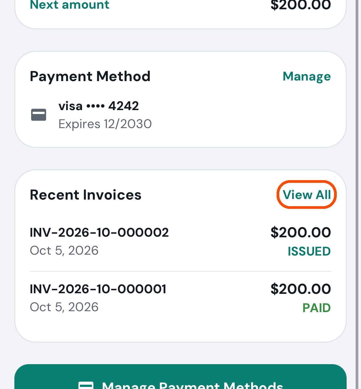 Recent Invoices, with View All